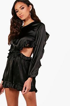 Boohoo Satin Ruffle Cut Out Back Playsuit