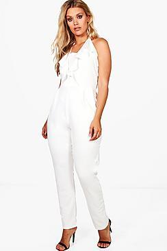 Boohoo Plus Holly Plunge Ruffle Front Jumpsuit