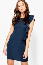 Boohoo Akinyi Frill Side Round Neck Shift Dress Navy