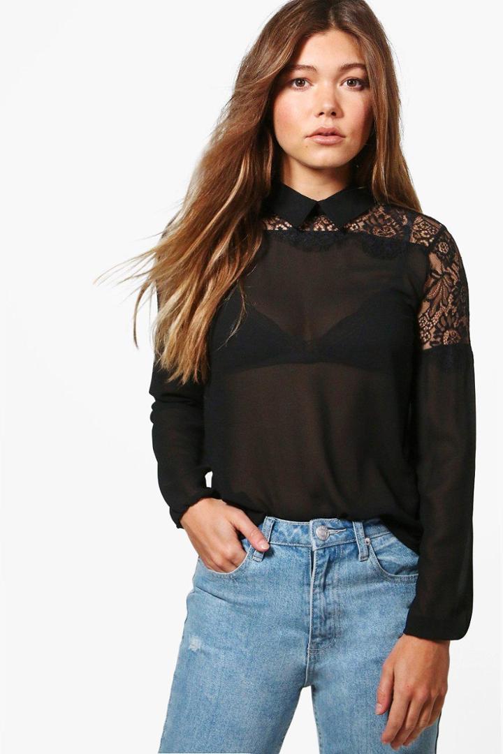 Boohoo Maya Eyelash Lace Trim Shirt Black