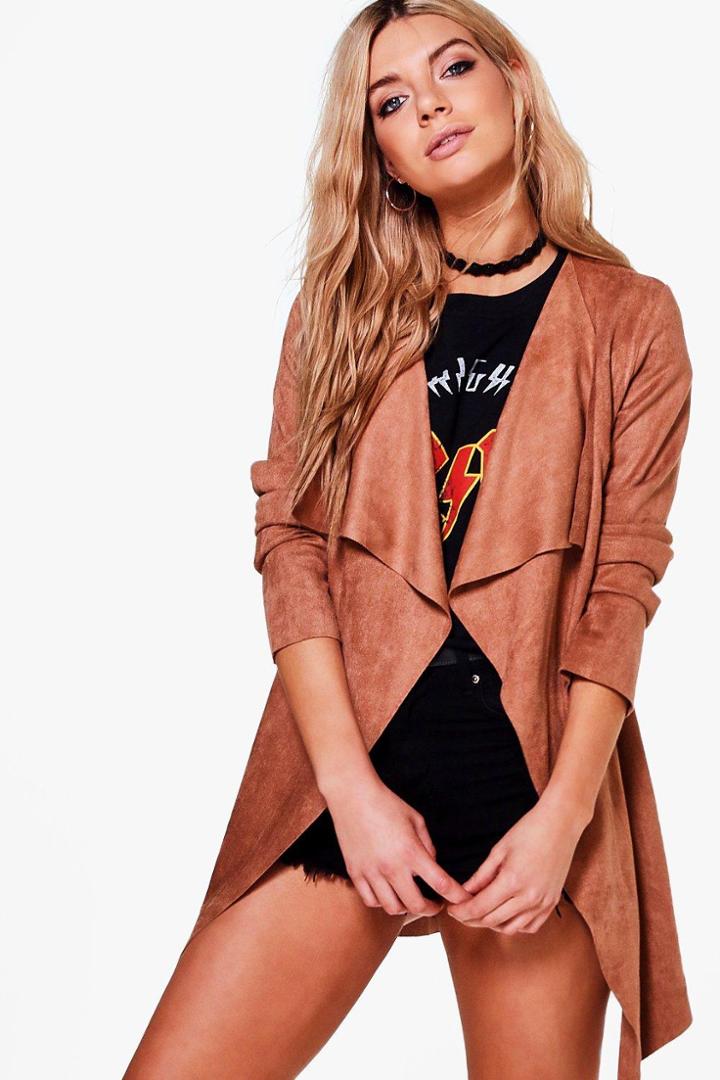 Boohoo Erica Waterfall Suedette Jacket Taupe