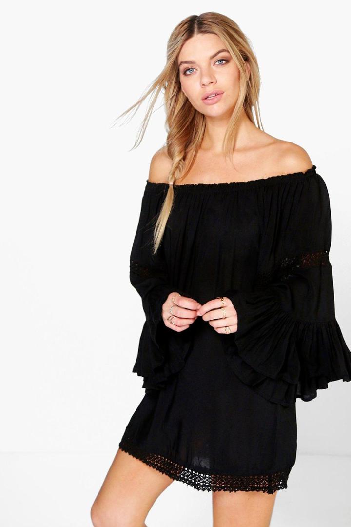 Boohoo Debbie Wide Sleeve Crochet Trim Bardot Dress Black