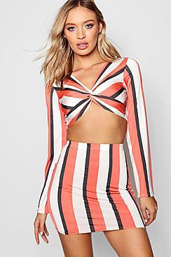 Boohoo Mel Stripe Long Sleeve Crop Top & Skirt Co-ord