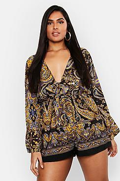 Boohoo Plus Scarf Print Knot Front Playsuit