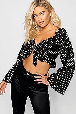 Boohoo Spot Print Tie Front Long Sleeve Top