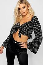 Boohoo Spot Print Tie Front Long Sleeve Top