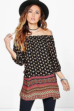 Boohoo Faith Printed Woven Off The Shoulder Top