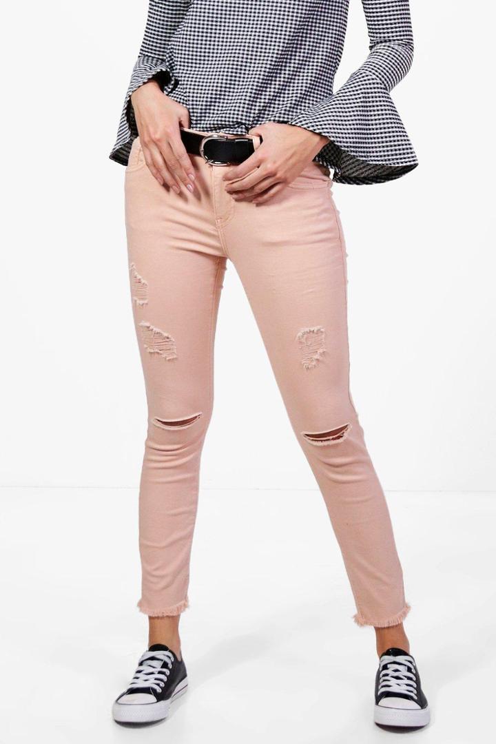 Boohoo Alina 5 Pocket Mid Rise Rip Distressed Skinny Jeans Nude