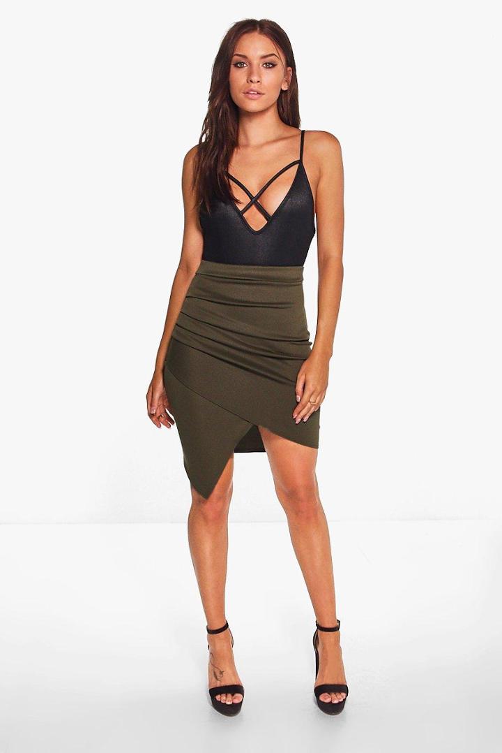 Boohoo Gracie Rouched Side Asymmetric Skirt Khaki