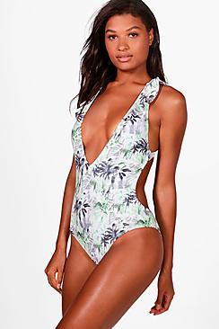 Boohoo Bali Palm Print Frill Swimsuit