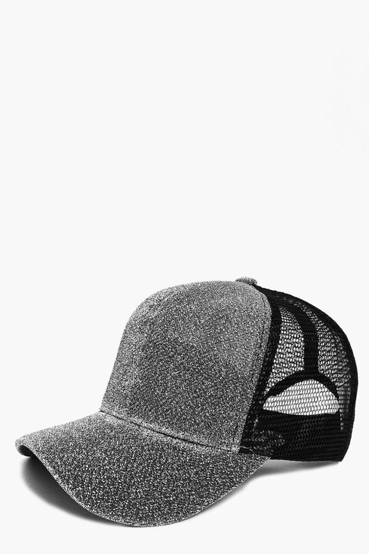 Boohoo Esme Glitter Mesh Baseball Cap Silver