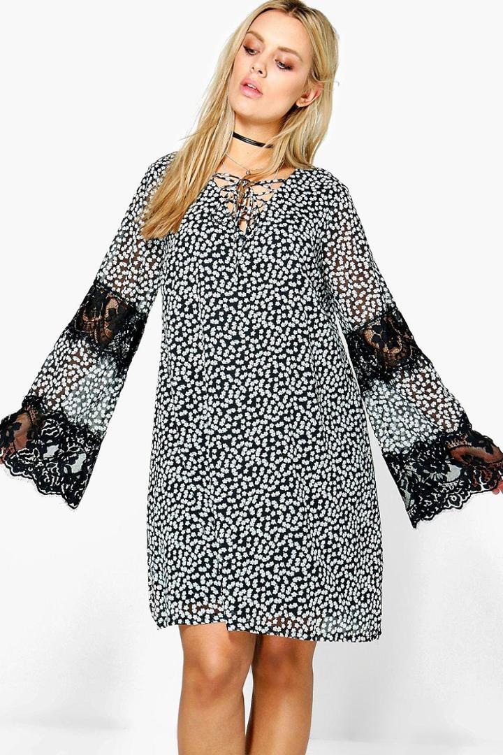 Boohoo Plus Verity Ditsy Floral Print Lace Up Swing Dress Black