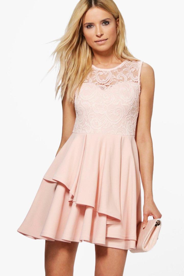 Boohoo Sophia Lace Top Layer Skirt Skater Dress Nude