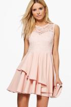 Boohoo Sophia Lace Top Layer Skirt Skater Dress Nude