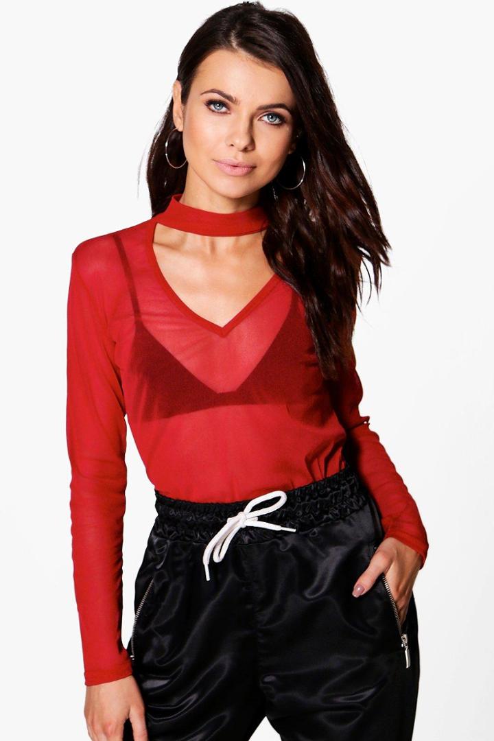 Boohoo Jessica Mesh Choker Top Red