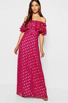 Boohoo Metallic Polka Dot Off The Shoulder Maxi Dress