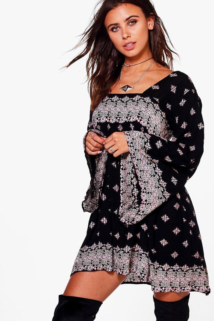 Boohoo Petite Liv Placement Printed Wide Sleeve Swing Dress Multi