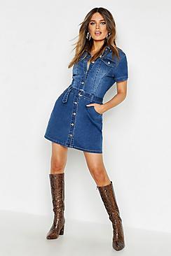Boohoo Denim Belted Short Sleeve Dress