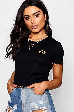 Boohoo Kyra Contrast Lettuce Hem Slogan Cropped Tee