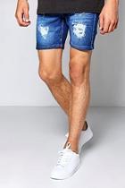 Boohoo Dark Blue Skinny Denim Shorts With Abrasions