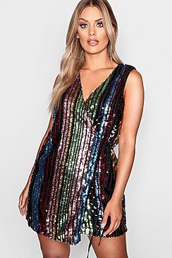 Boohoo Plus Rainbow Sequin Wrap Dress