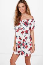 Boohoo Hanna Floral Ruffle Bandeau Swing Dress White