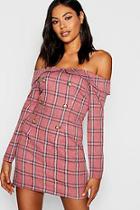 Boohoo Check Bardot Button Shift Dress