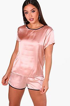 Boohoo Contrast Collar Satin T-shirt And Short Set