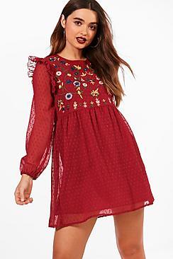 Boohoo Petite Lissy Embroidered Dobby Long Sleeve Dress