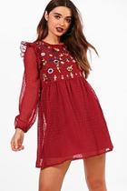 Boohoo Petite Lissy Embroidered Dobby Long Sleeve Dress