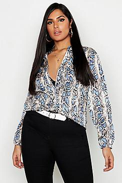 Boohoo Plus Satin Leopard Collarless Oversized Shirt