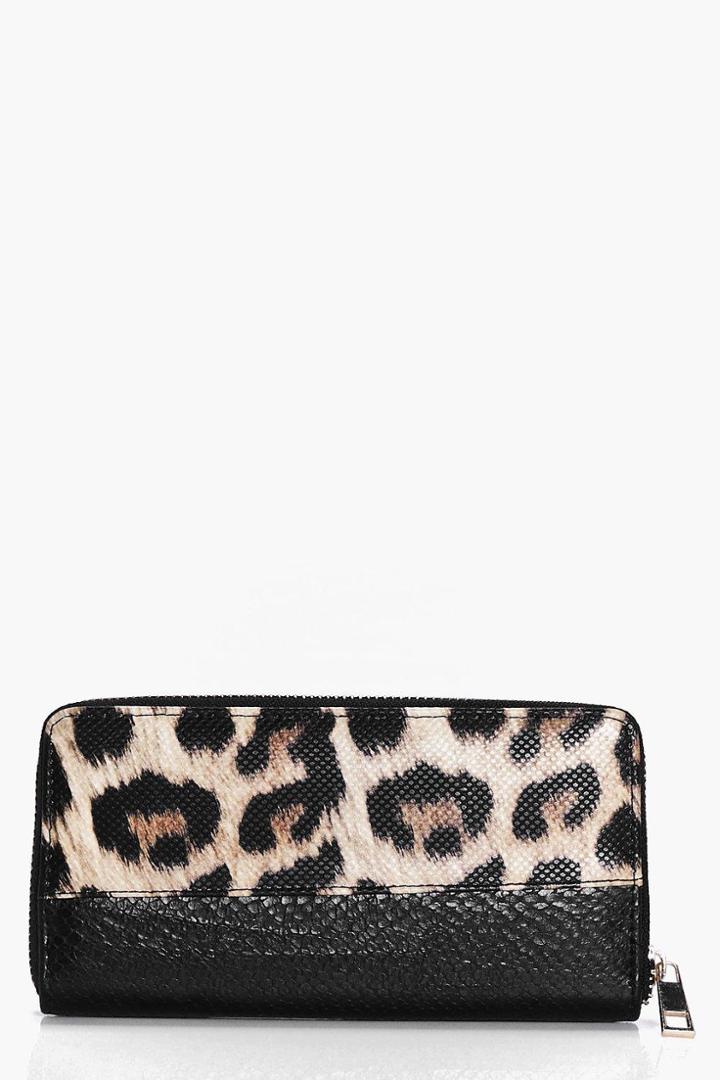 Boohoo Sofia Animal Print Zip Around Purse Brown