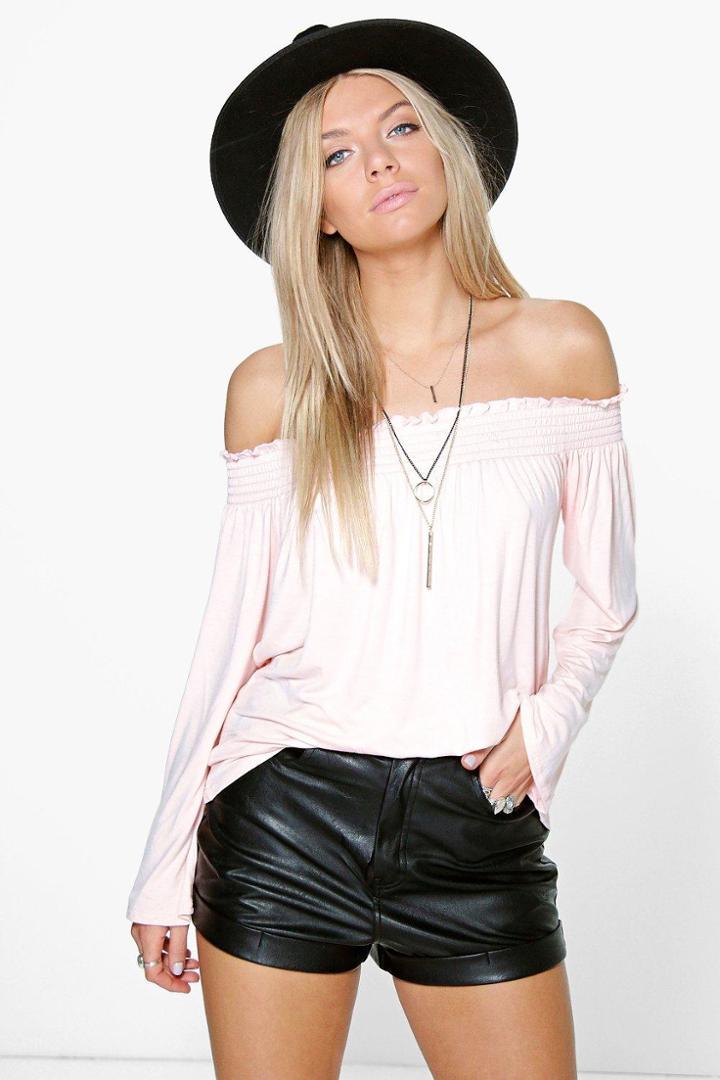 Boohoo Kylie Shirred Off The Shoulder Top Blush