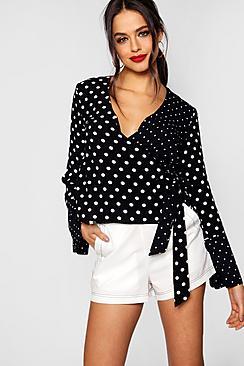 Boohoo Lexi Mix Spot Wrap Blouse