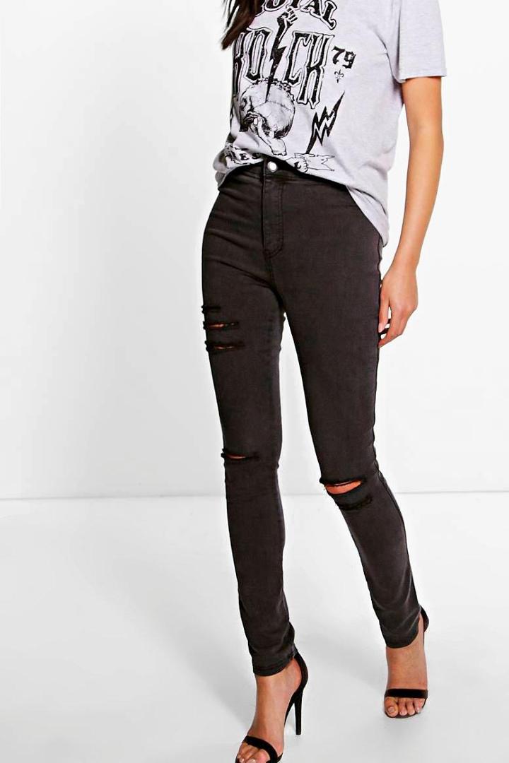 Boohoo Esme Distressed High Rise Tube Jeans Charcoal
