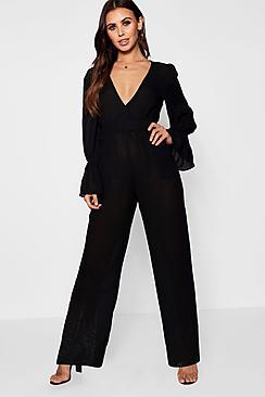 Boohoo Petite Vicky Ruched Sleeve Wide Leg Jumpsuit