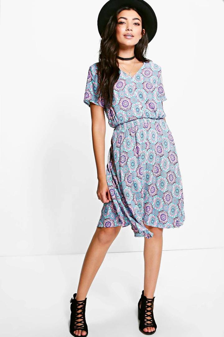 Boohoo Poppy Printed Tea Dress Violet