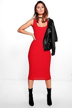 Boohoo Jo Ribbed Square Neck Midi Bodycon Dress