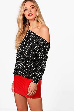 Boohoo Heather Spot Woven One Shoulder Top