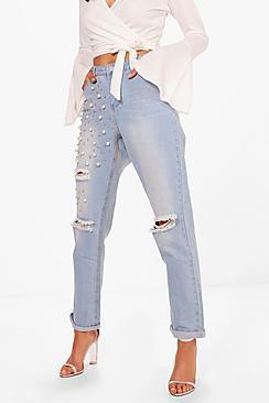 Boohoo Oversize Pearl Detail Boyfriend Jeans