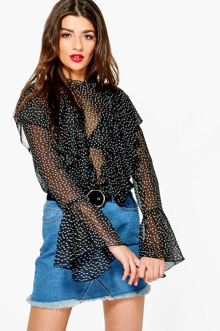 Boohoo Sabrina Spot Ruffle High Neck Blouse Black