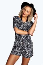 Boohoo Cate Watercolour Aztec Print 3/4 Sleeve Playsuit Grey