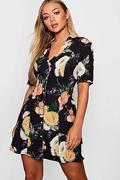 Boohoo Revere Collar Button Through Flippy Shirt Dress