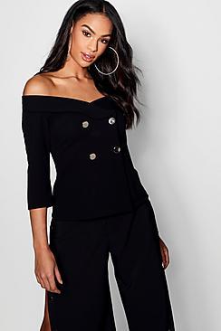 Boohoo Sasha Cold Shoulder Button Detail Tux Blouse