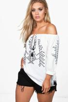 Boohoo Plus Rose Off The Shoulder Embroidered Top White