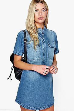 Boohoo Sofia Short Sleeve Utility Denim Shirt Dress