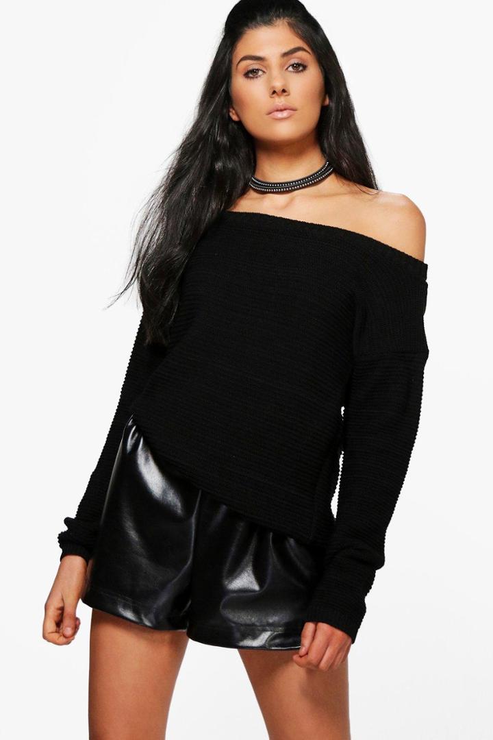 Boohoo Maria Slash Neck Rib Crop Jumper Black