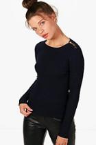 Boohoo Leah Rib Knit Jumper With Shoulder Button Detail