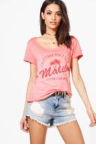 Boohoo Zoe Malibu Slogan T-shirt Coral