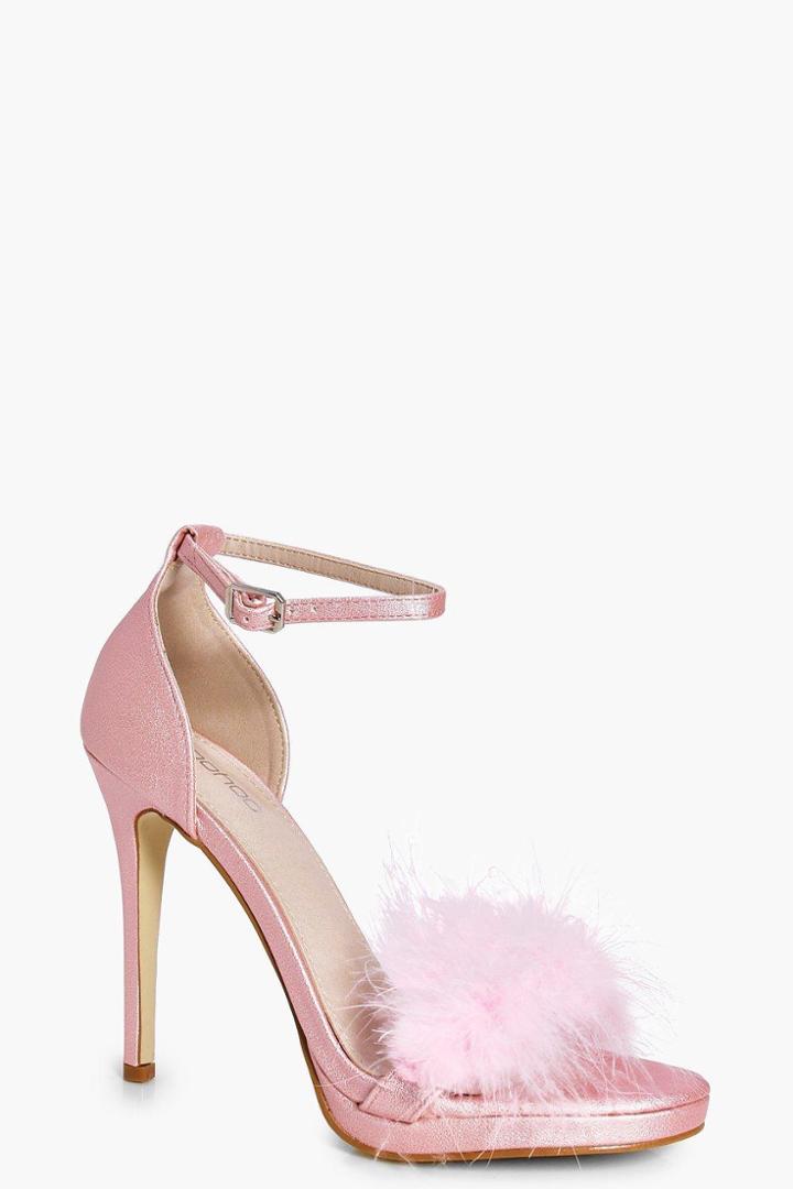 Boohoo Amy Bridal Feather Trim Two Part Sandal Pink